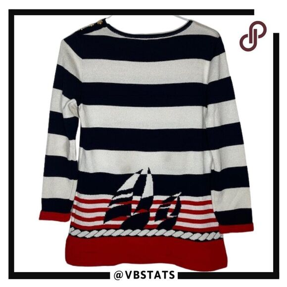 St. John Sport by Marie Gray Navy Blue White Red Striped Sailboat Small Sweater - Picture 2 of 5
